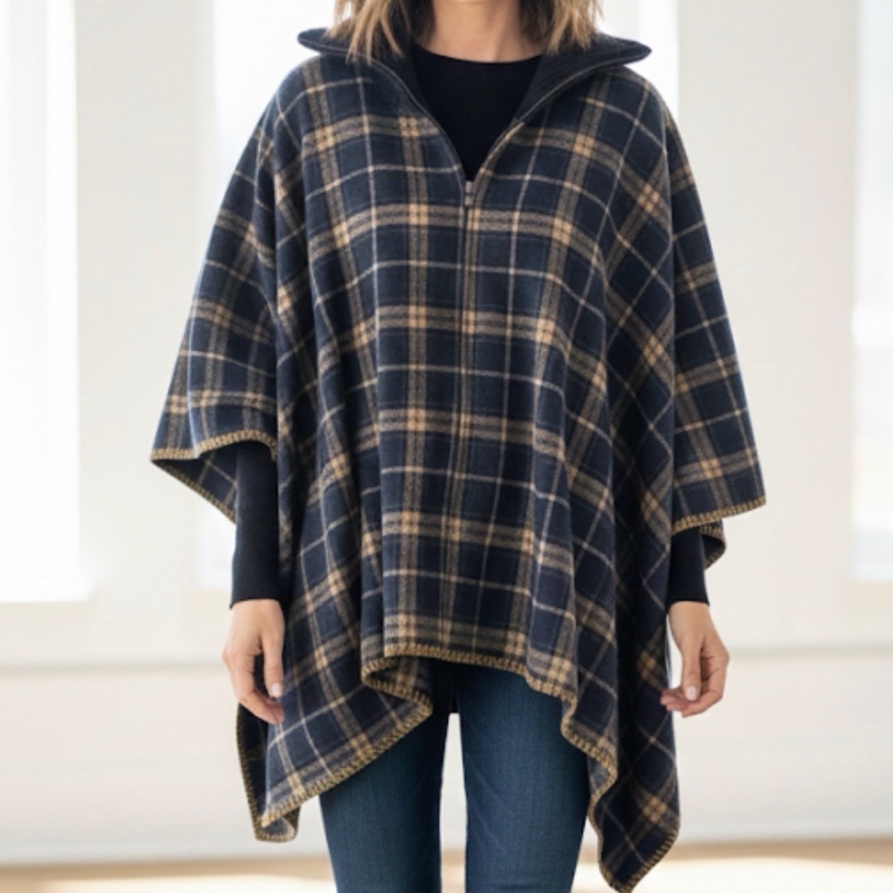 Cozy Rustic Layering Poncho Sweater Mystree Plaid Navy Winter Wear